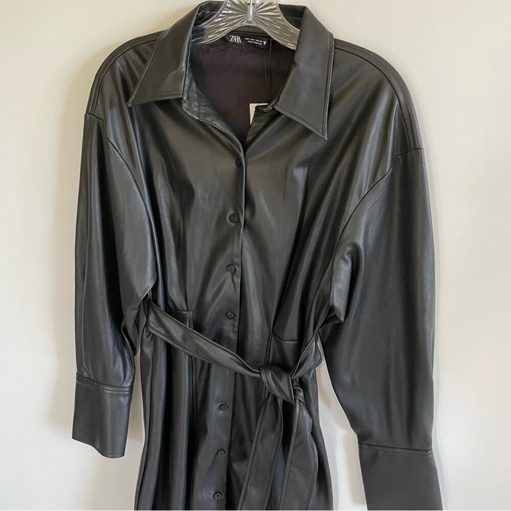 NWT Zara Black Faux Leather Shirt Dress - Picture 7 of 11